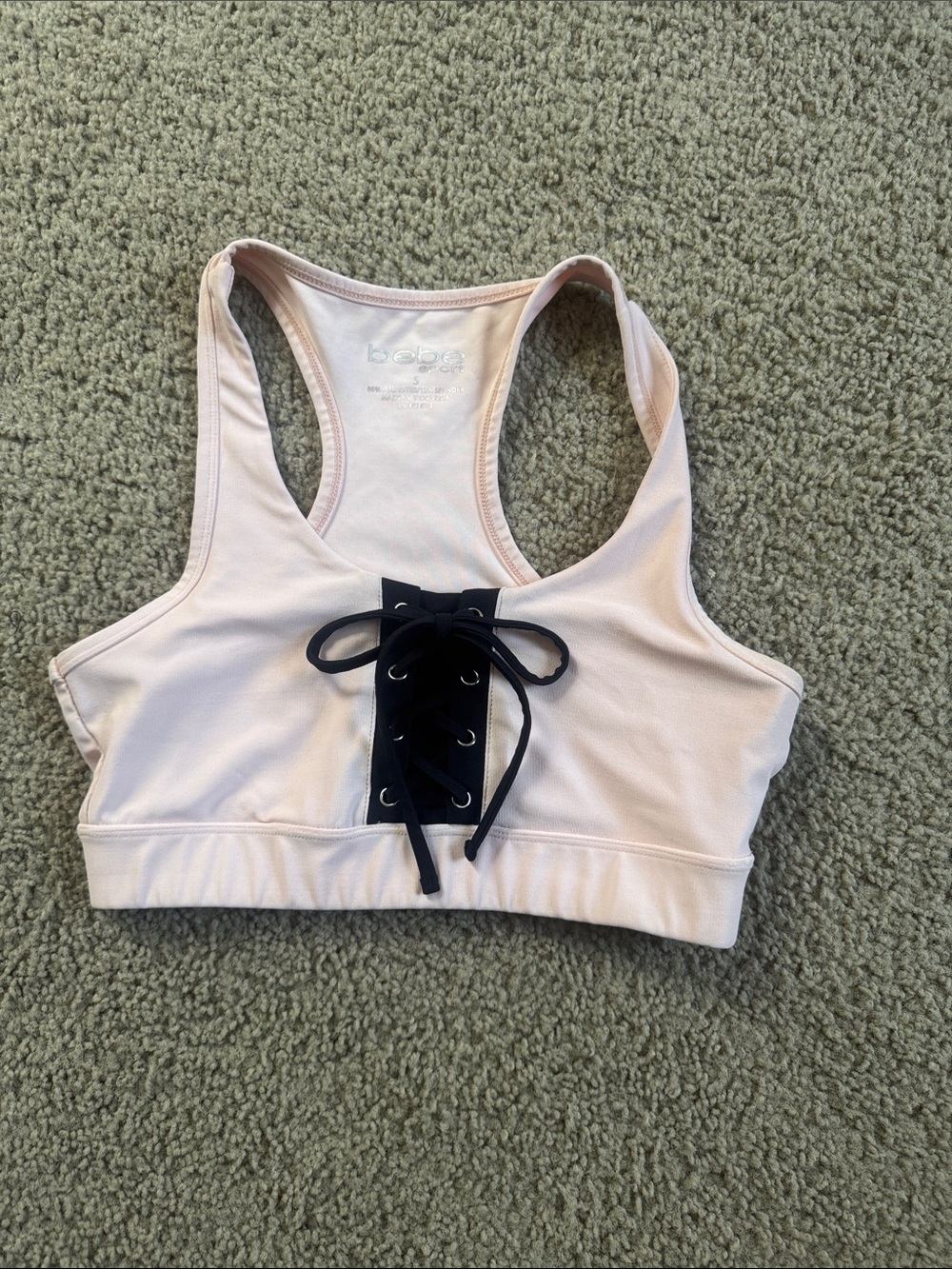bebe Light Pink Lace-Up Racerback Sports Bra with Black Accent